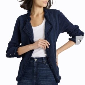 NIC+ZOE Womens Jacket size Large Fringe Mix Knit Open Front Cotton Blend
